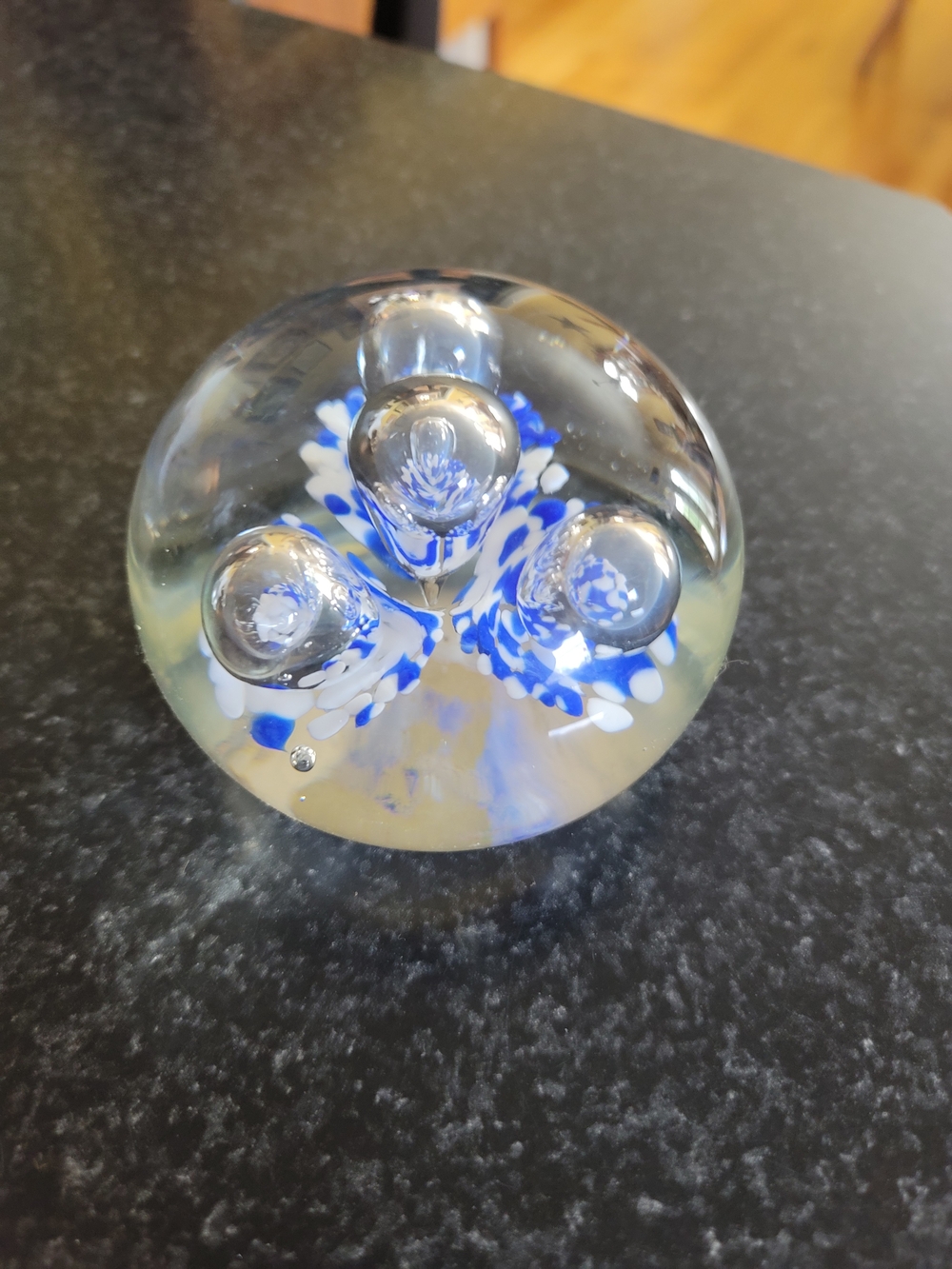 Vintage Handcrafted Clear Glass Paperweight with Blue and White Accents